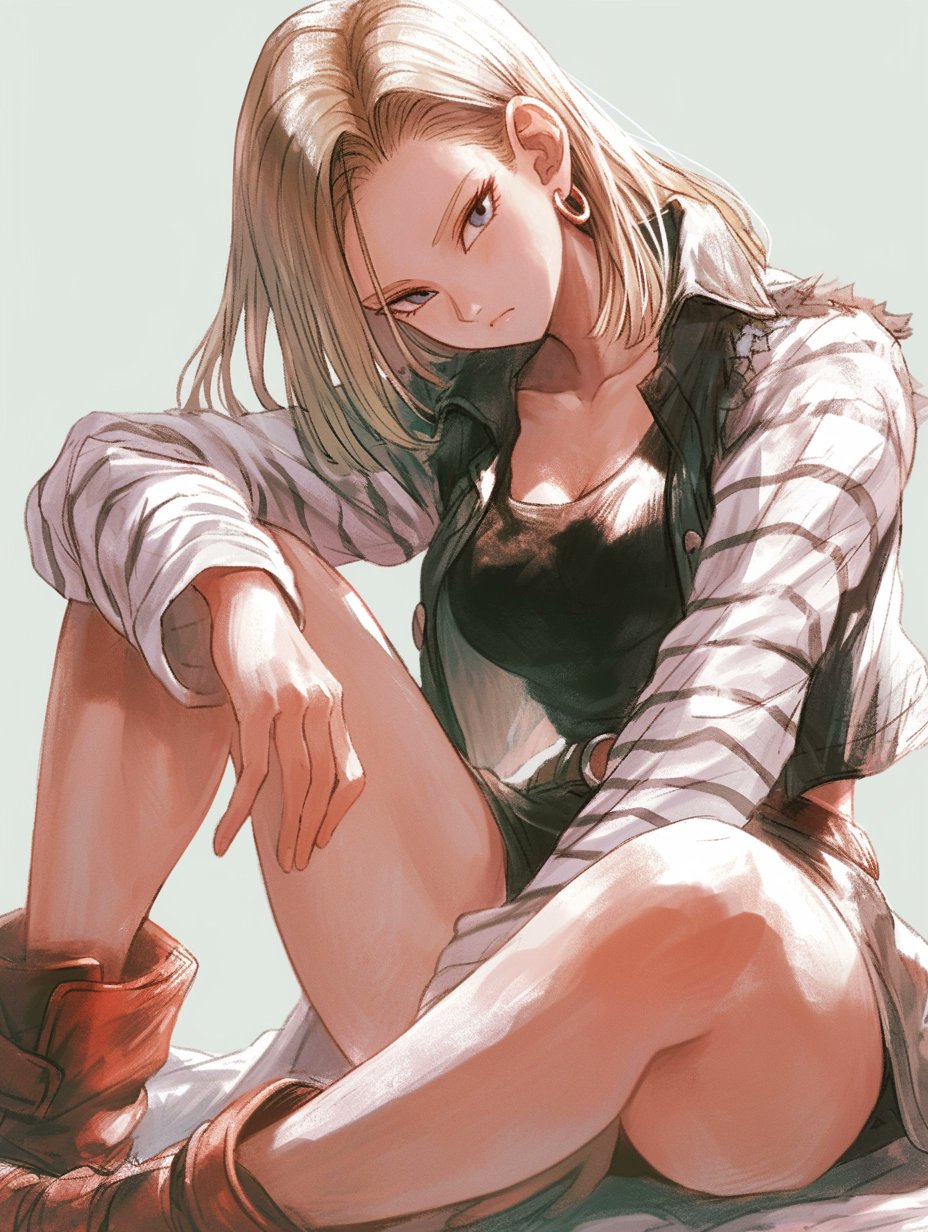 1girl, android_18, blonde_hair, blue_eyes, denim, denim_jacket, denim_vest, dragon_ball, dragon_ball_z, earrings, highres, imageai2024, jacket, jewelry, looking_at_viewer, short_hair, solo, striped_sleeves