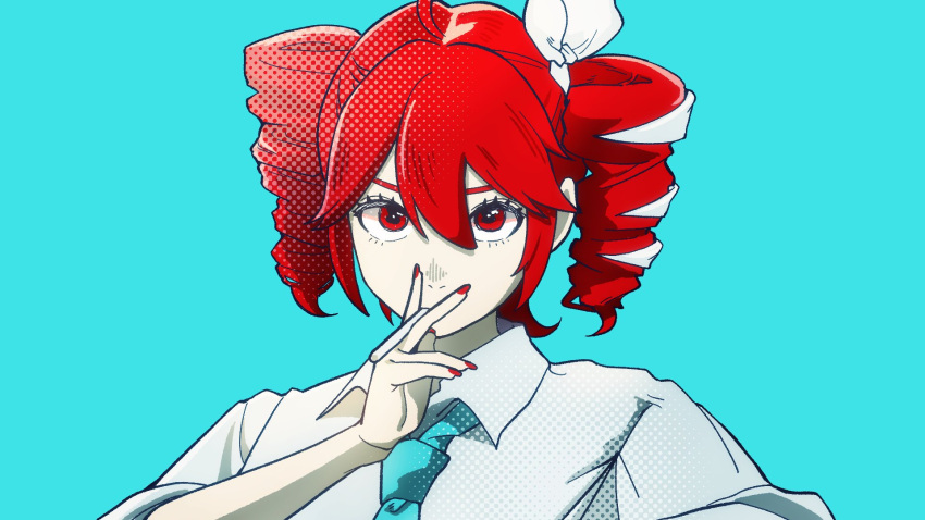 1girl, ahoge, alternate_costume, between_fingers, blue_background, blue_necktie, chalk, collared_shirt