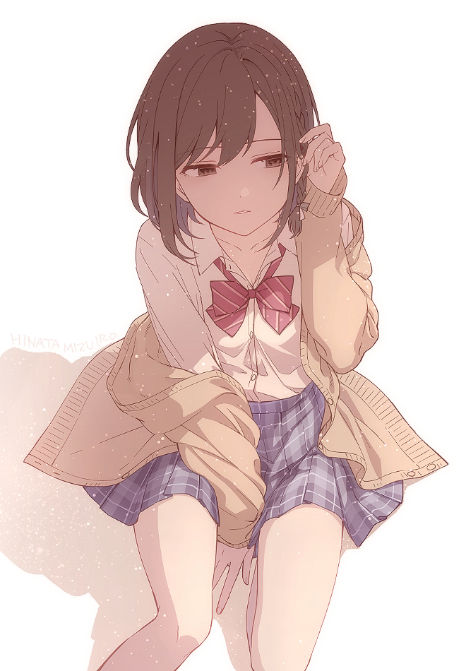 1girl, adjusting_hair, artist_name, between_legs, braid, brown_cardigan, brown_eyes, brown_hair