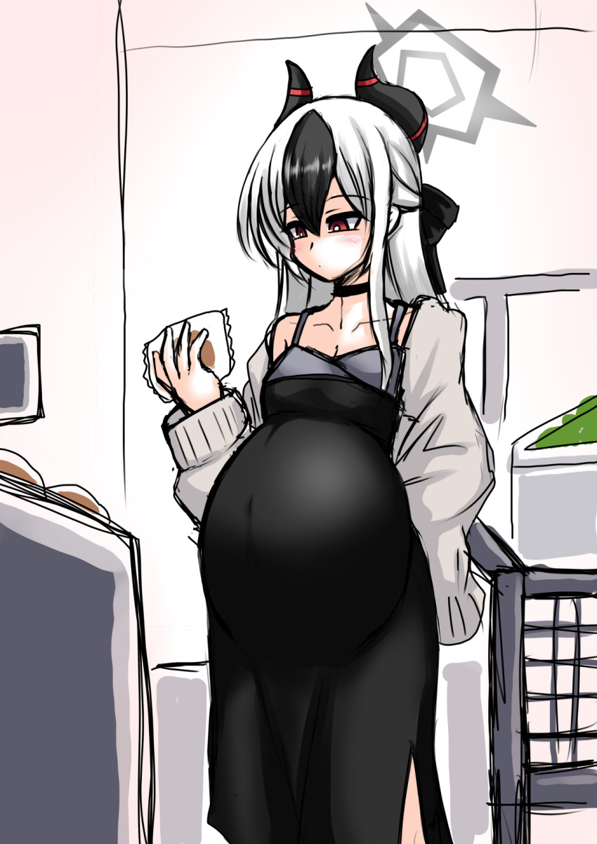 1girl, anago_nia, big_belly, black_bow, black_dress, black_hair, black_horns, blue_archive, blush, bow, brown_jacket, commentary_request, dress, food, grey_halo, hair_between_eyes, hair_bow, halo, highres, holding, holding_food, horns, jacket, kayoko_(blue_archive), kayoko_(dress)_(blue_archive), long_hair, multicolored_hair, pregnant, red_eyes, shopping_cart, solo, supermarket, two-tone_hair, white_hair