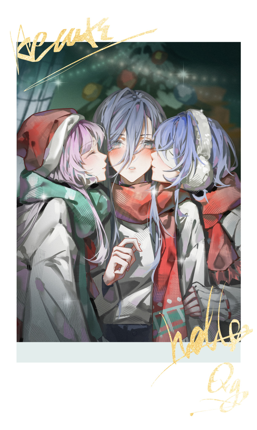 3girls, :o, absurdres, alternate_costume, black_eyes, blindfold, blue_hair, blurry