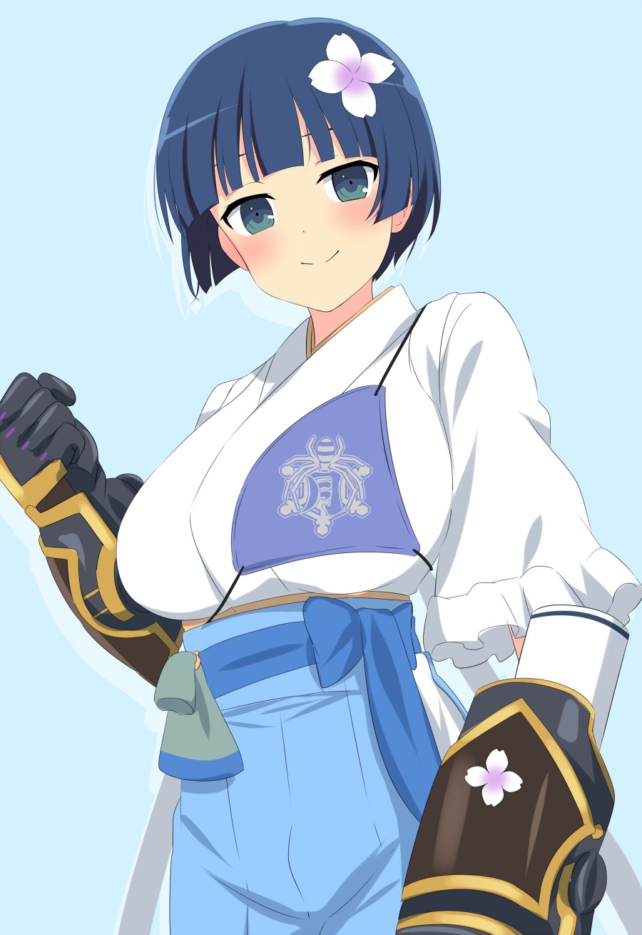 armor, blue_background, blue_eyes, blue_hair, blush, bowl_cut, breastplate, breasts