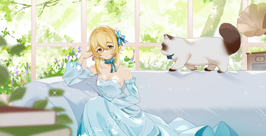 1girl, alternate_costume, bare_shoulders, blonde_hair, blue_bow, blue_bowtie, blue_choker, blue_dress