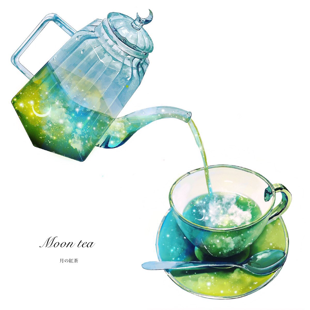 artist_name, crescent_moon, cup, english_text, food, food_focus, highres, moon, no_humans, original, pouring, saucer, simple_background, sky, spoon, star_(sky), still_life, tea, teacup, teapot, white_background, yasuta_kaii32i