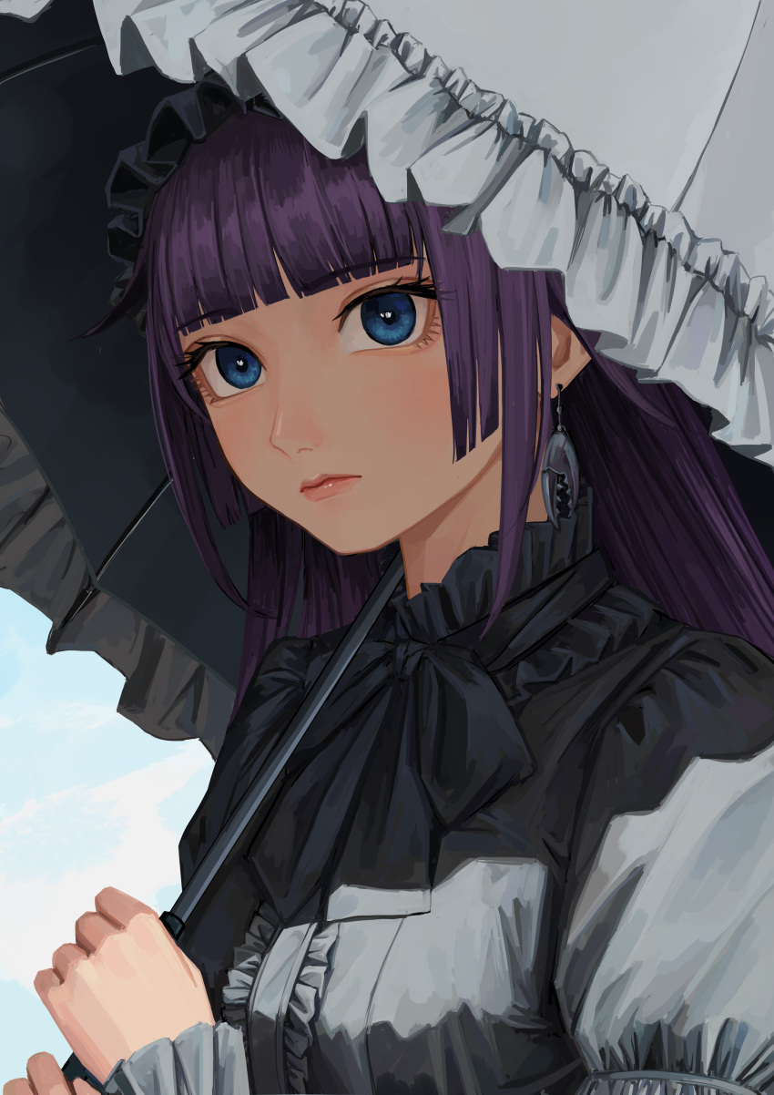 1girl, absurdres, alternate_costume, blue_eyes, blunt_bangs, bow, closed_mouth, dress