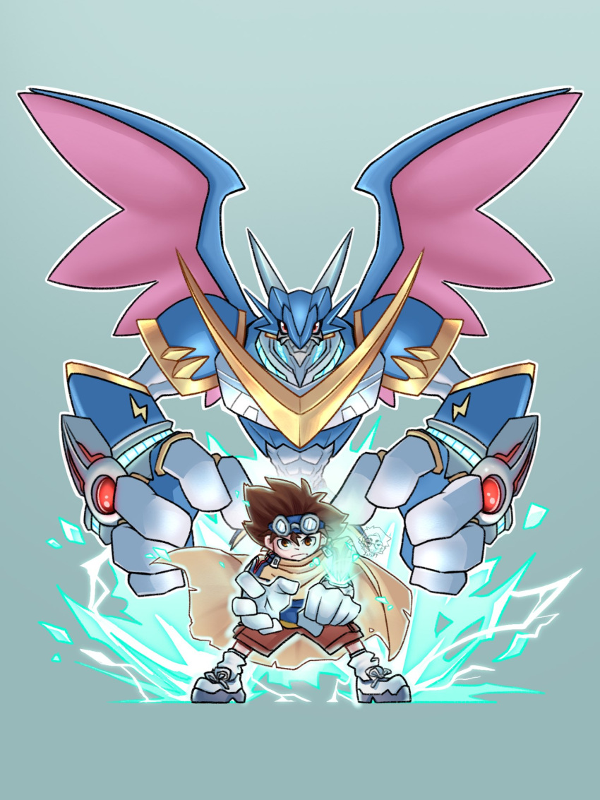 2boys, abs, armor, artist_logo, aura, blue_headband, blue_shirt, brown_eyes