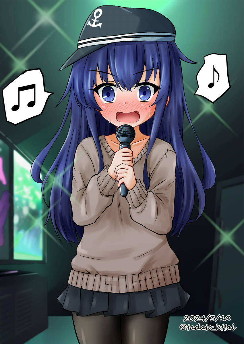 1girl, akatsuki_(kancolle), anchor_symbol, beamed_eighth_notes, black_headwear, black_pantyhose, black_skirt, blue_eyes