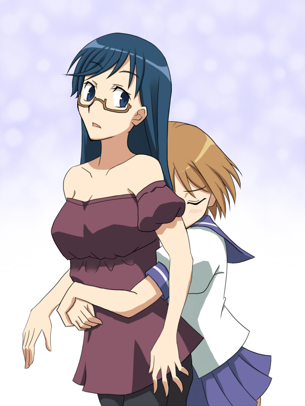 blue_hair, blush, brown_hair, closed_eyes, glasses, hug, hug_from_behind, kanamemo