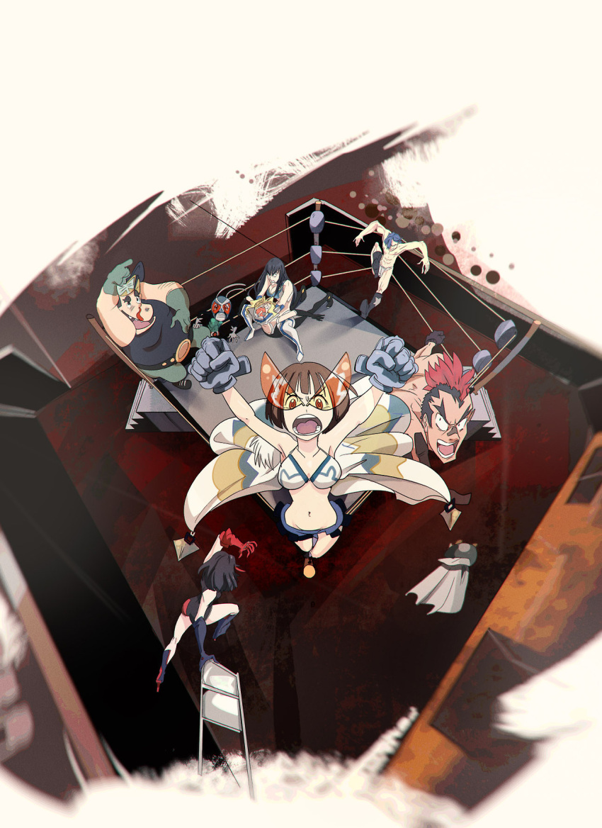 4boys, 4girls, blood, brown_eyes, brown_hair, chair, character_request, folding_chair