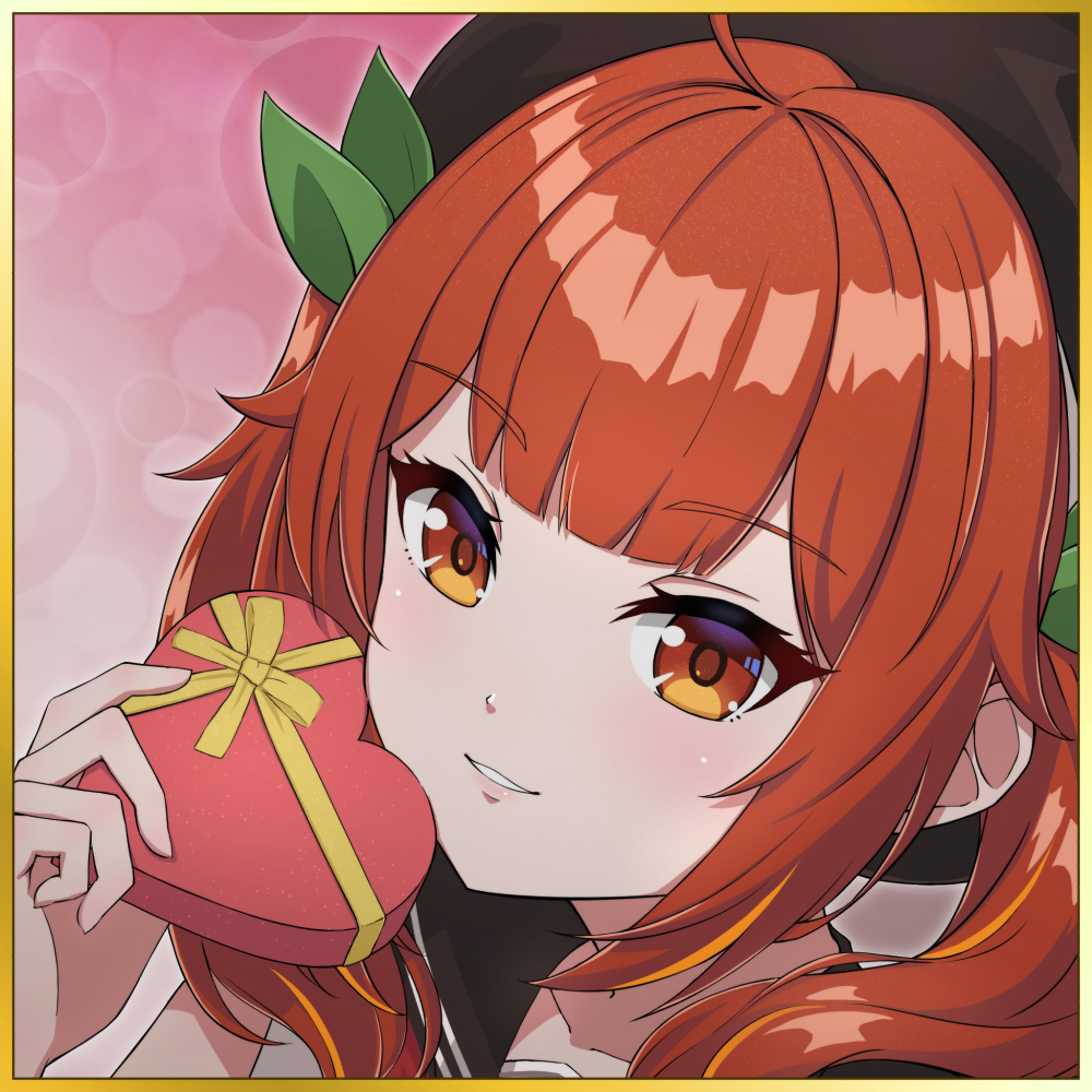 1girl, ahoge, beret, black_headwear, black_sailor_collar, blunt_bangs, bow, box, collar_bar, collarbone, gift, gradient_background, green_bow, hair_bow, hat, heart-shaped_box, holding, holding_gift, kelinch1, looking_at_viewer, original, patterned_background, pink_background, portrait, red_eyes, redhead, sailor_collar, shirt, sidelocks, smile, teeth, twintails, valentine, white_shirt