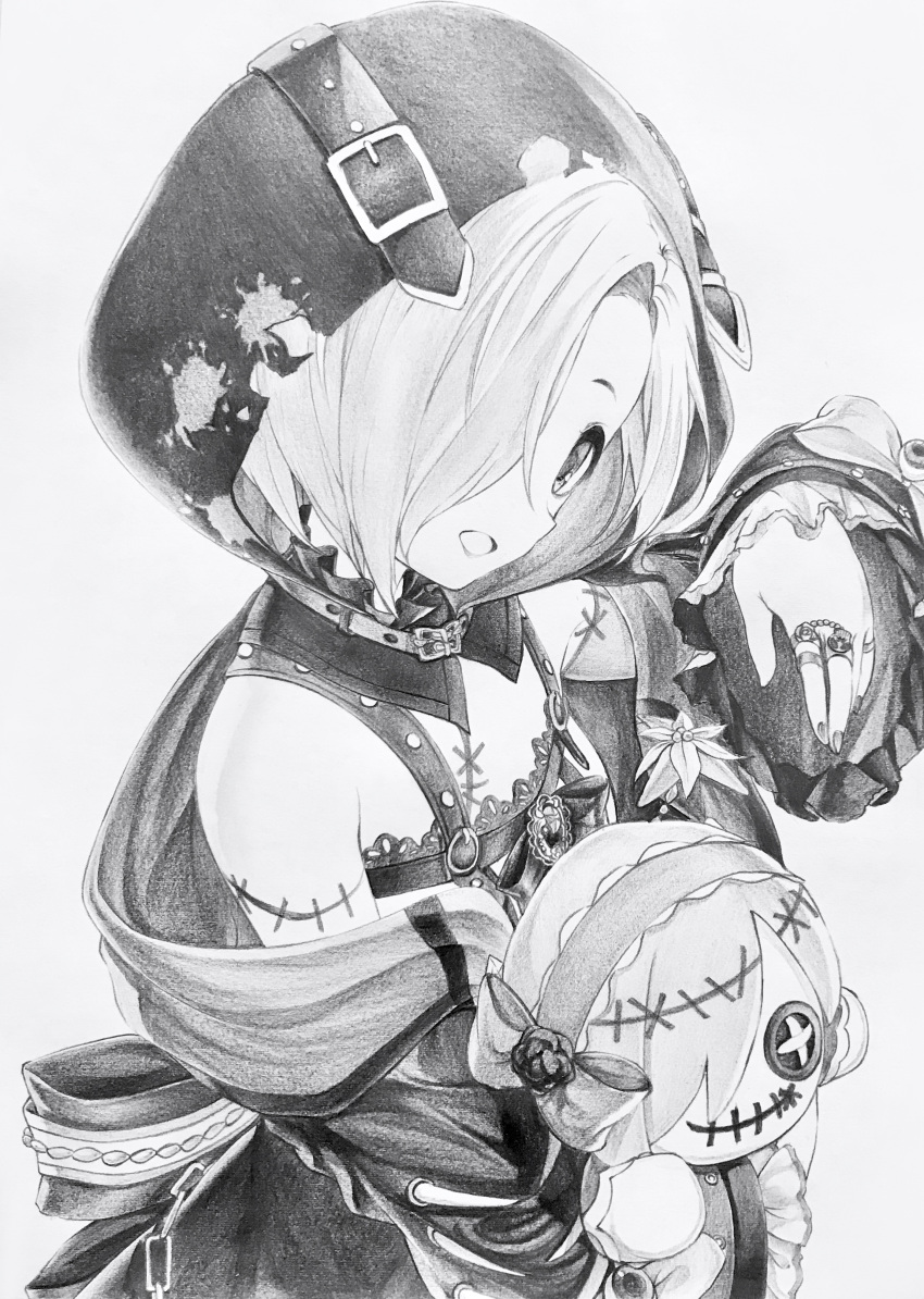 1girl, absurdres, character_doll, detached_hood, doll, greyscale, hair_over_one_eye, highres