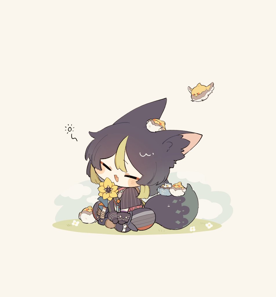:d, ^_^, animal_ear_fluff, animal_ears, animal_on_head, bird, bird_on_head, bird_on_tail