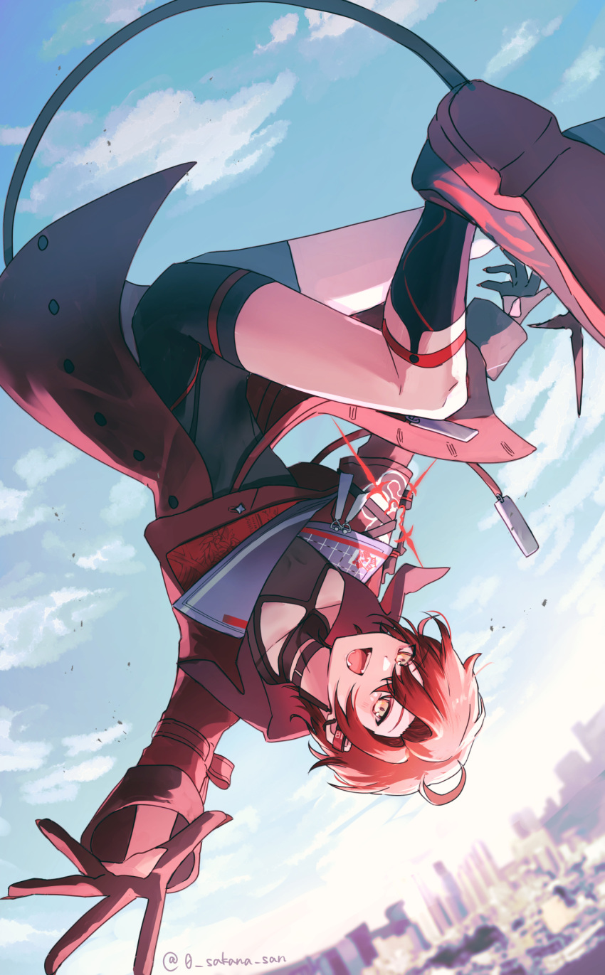 0_sakana_san, 1boy, ahoge, black_bodysuit, black_gloves, bodysuit, city, earpiece