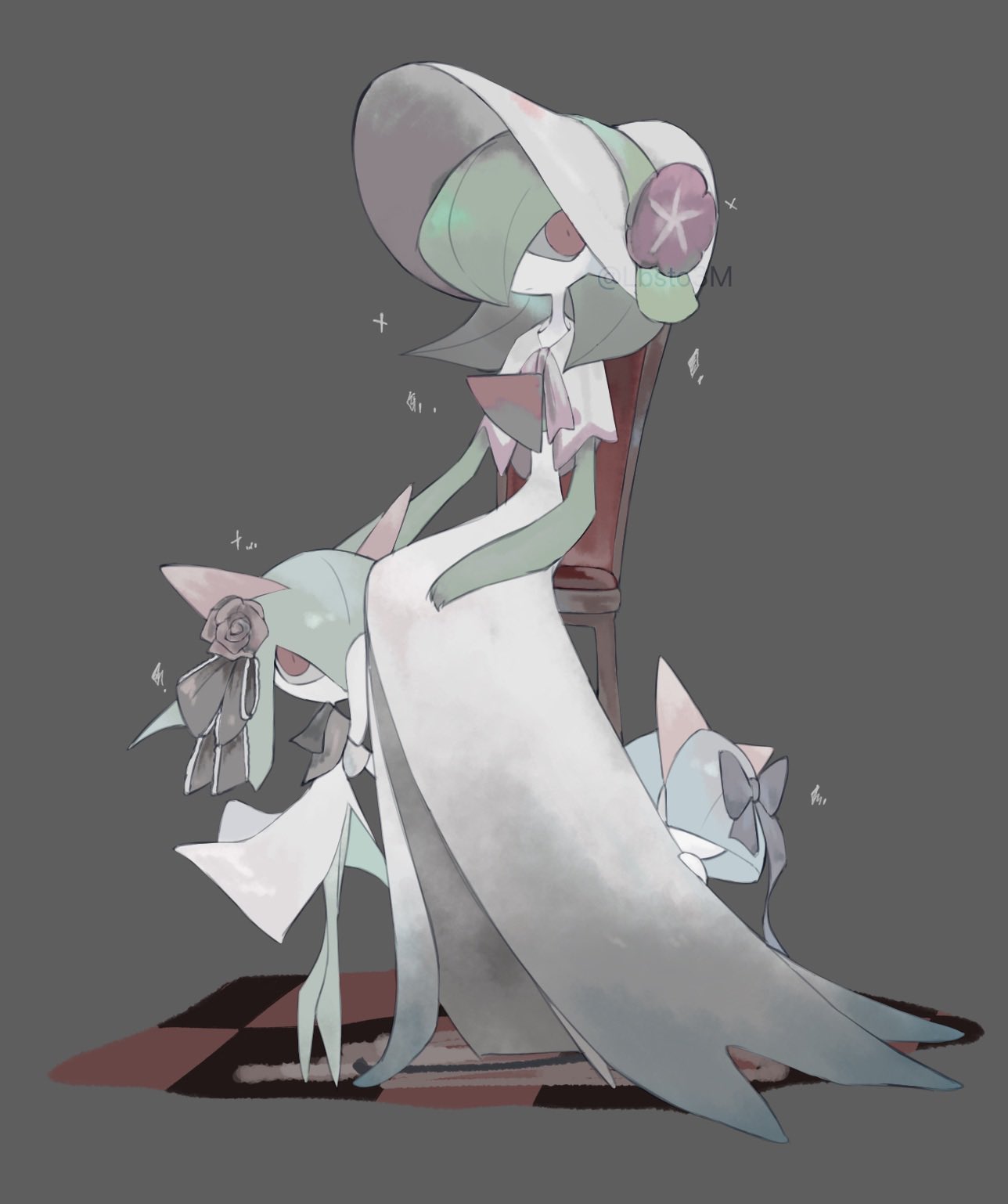 alternate_color, black_bow, bow, chair, flower, gardevoir, gardevoir_(fashionable), green_hair, grey_background, hair_bow, hair_flower, hair_ornament, hat, hat_flower, highres, kirlia, looking_at_viewer, on_chair, pokemon, pokemon_(creature), ralts, red_eyes, shiny_pokemon, simple_background, suramo_(lbsto3m)