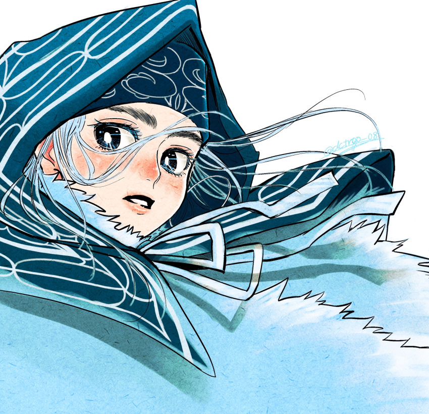1girl, ainu, asirpa, blue_hair, blue_headband, blue_theme, blush, cloak
