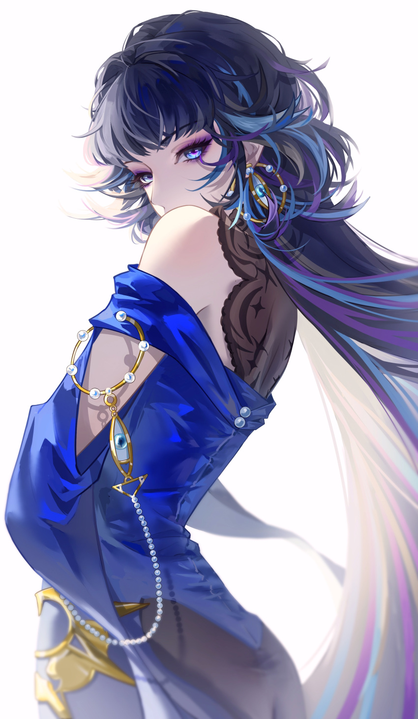 1girl, absurdres, bare_shoulders, blue_dress, blue_eyes, blue_hair, blunt_bangs, chinese_commentary