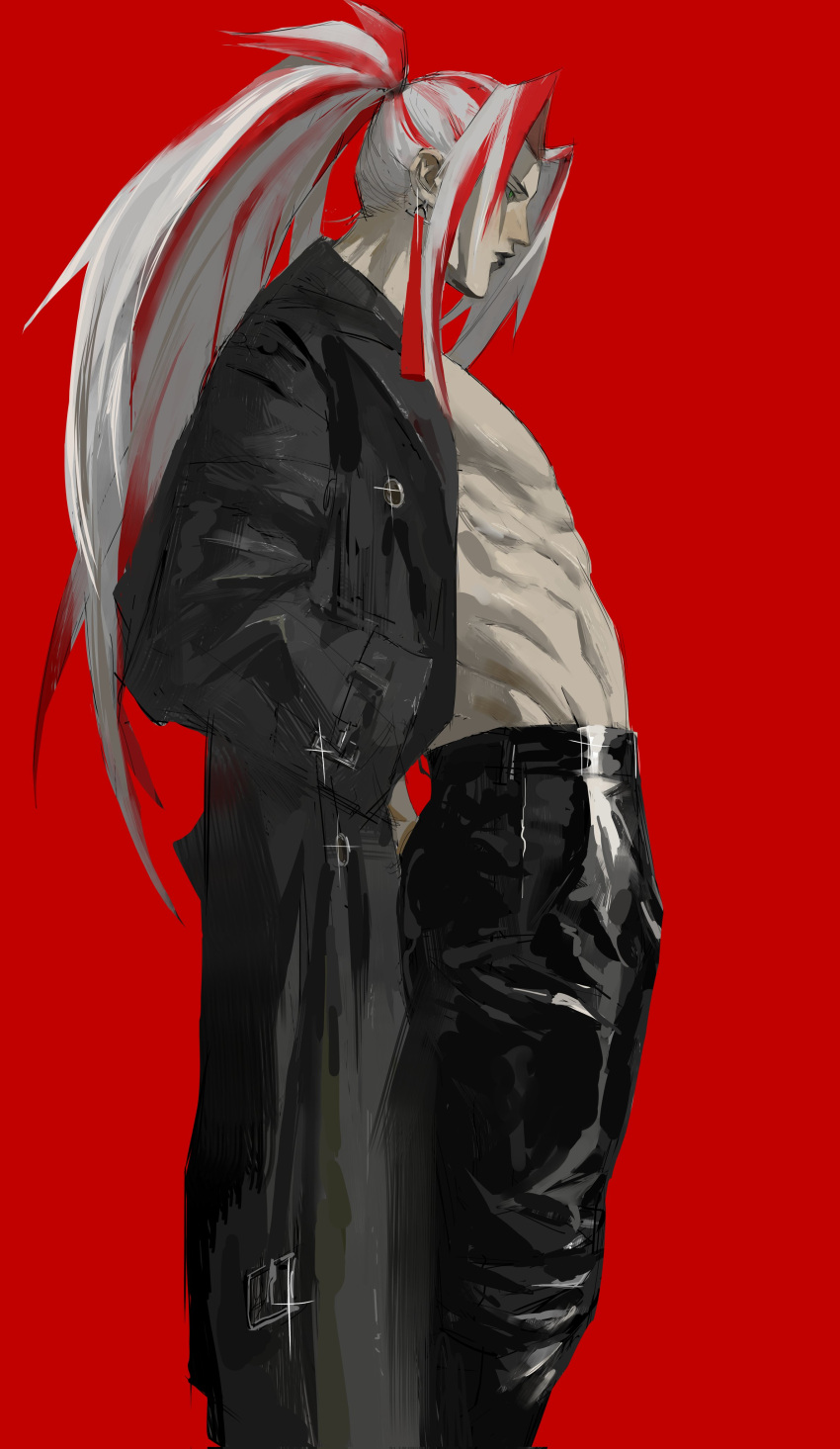 1boy, absurdres, arms_behind_back, black_coat, black_lips, black_pants, coat, cowboy_shot