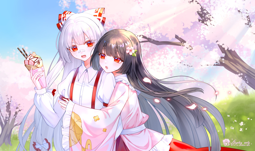 2girls, absurdres, arm_strap, black_hair, blue_sky, blunt_bangs, bow, cherry_blossoms, collared_shirt, commentary_request, falling_petals, fang, flower, food, frilled_sleeves, frills, fruit, fujiwara_no_mokou, hair_flower, hair_ornament, highres, holding, holding_food, houraisan_kaguya, hug, hug_from_behind, kongmaosama, long_hair, long_sleeves, multiple_girls, open_mouth, outdoors, petals, pink_shirt, red_bow, red_eyes, shirt, skin_fang, sky, strawberry, suspenders, sweatdrop, touhou, tree, two-tone_bow, upper_body, very_long_hair, white_bow, white_shirt, wide_sleeves, yuri