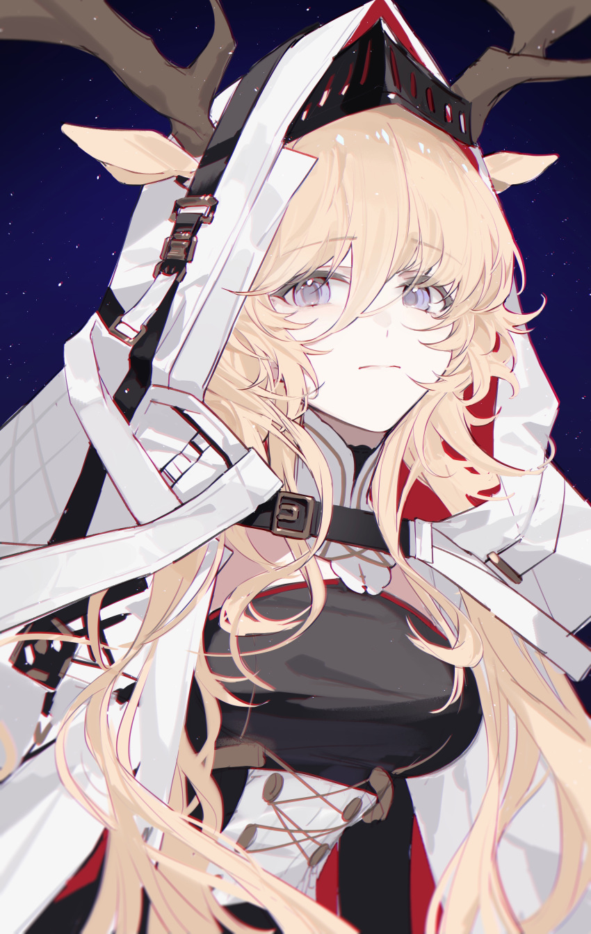 1girl, 52hzwhzw, absurdres, animal_ears, antlers, antlers_through_hood, arknights, black_shirt