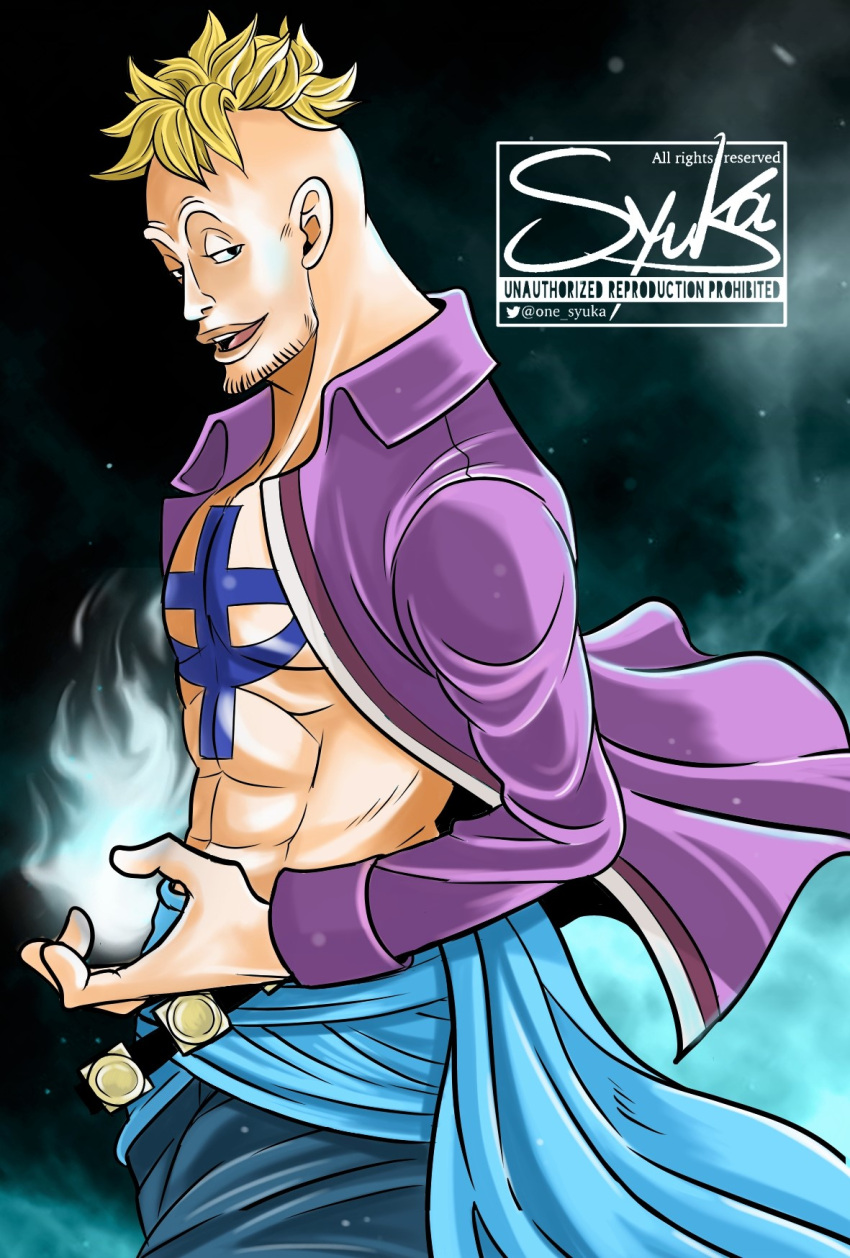 1boy, anchor_symbol, anchor_tattoo, beard_stubble, black_background, blonde_hair, blue_fire, blue_sash