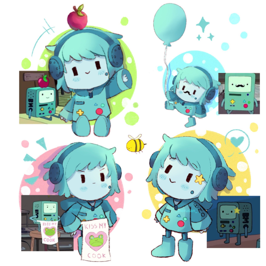 adventure_time, apple, apron, aqua_footwear, aqua_hair, aqua_skin, balloon, bee