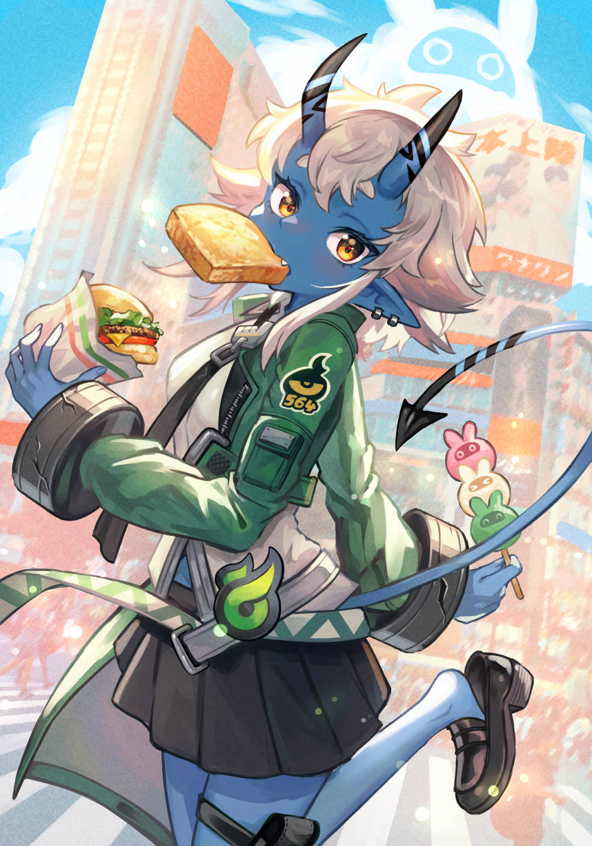 belt, black_necktie, black_skirt, black_tail, blue_skin, bread, bread_slice, building