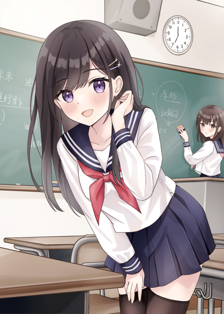 2girls, :d, :t, black_hair, blue_sailor_collar, blue_skirt, blush, board_eraser