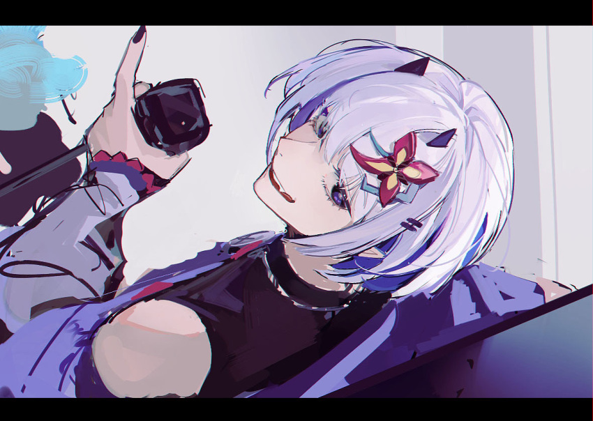 1boy, black_nails, black_shirt, dokex_xx, fang, flower, hair_flower, hair_ornament
