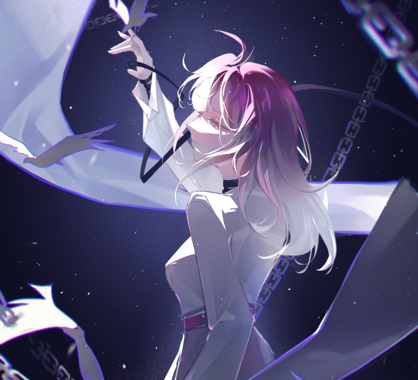 1girl, arm_up, arm_wrap, bird, breasts, chain, chinese_commentary, commentary, from_side, gradient_hair, grey_skirt, high-waist_skirt, highres, light_particles, long_hair, looking_back, medium_breasts, multicolored_hair, path_to_nowhere, profile, purple_hair, renzao_chunyang, shalom_(path_to_nowhere), shirt, skirt, solo, upper_body, violet_eyes, white_hair, white_shirt