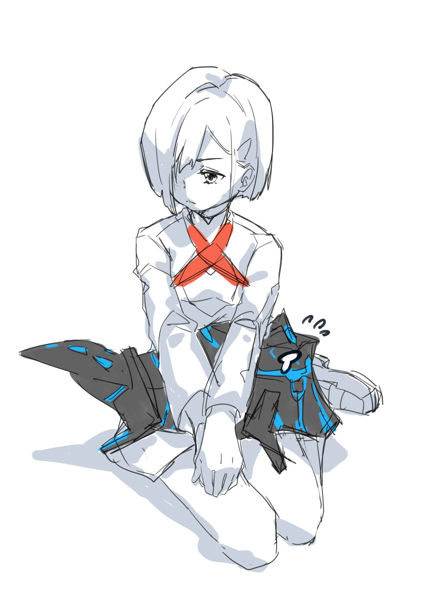 1girl, absurdres, asymmetrical_hair, averting_eyes, bob_cut, closed_mouth, creature, creature_on_lap