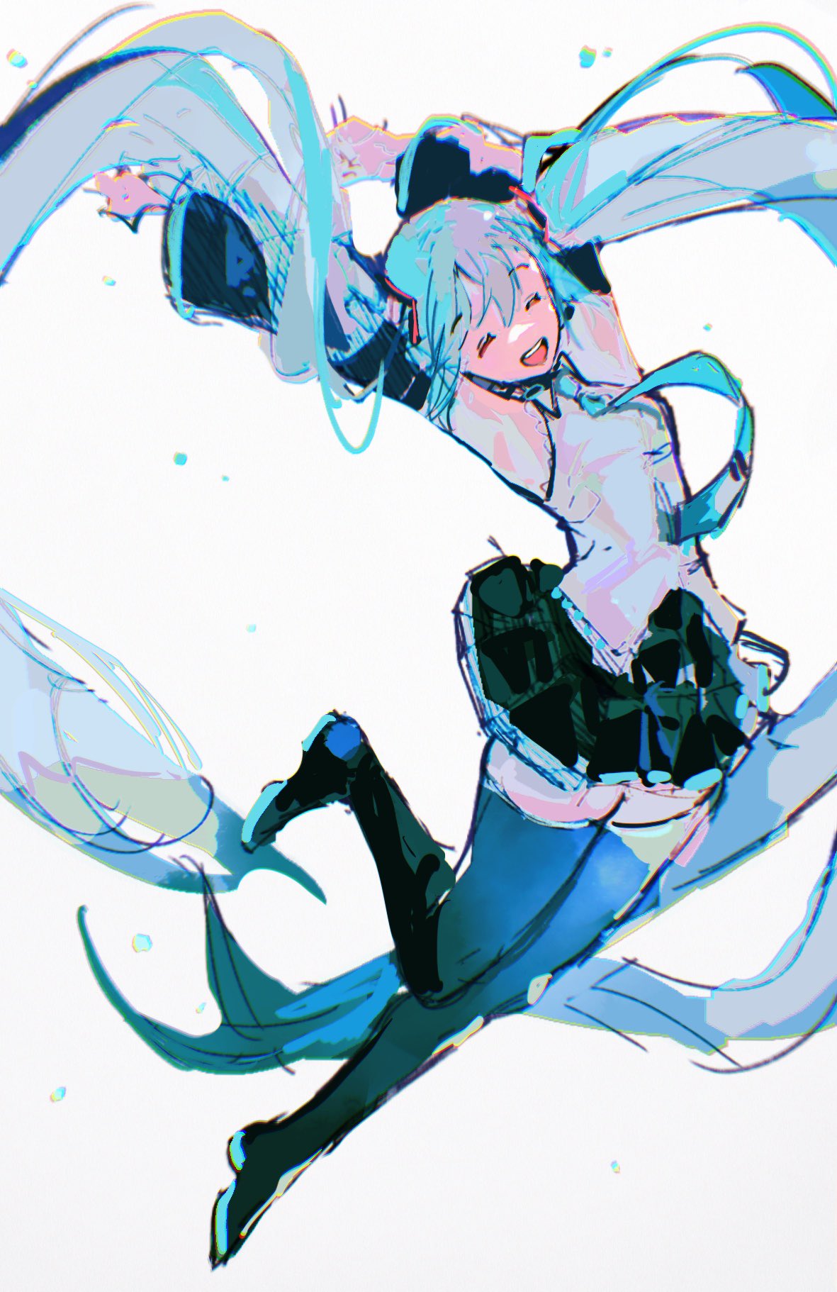 1girl, :d, aqua_hair, aqua_necktie, arms_up, bare_shoulders, black_footwear, black_skirt