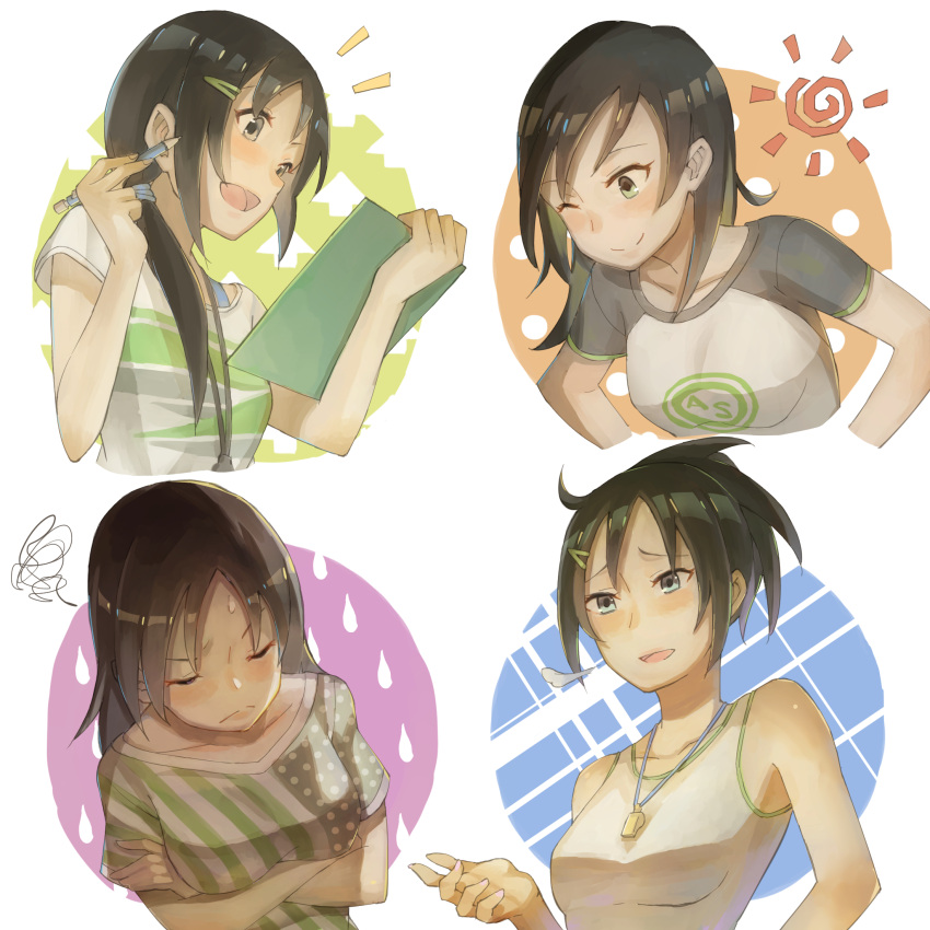 4girls, aoki_kei, aoki_mei, aoki_rei, aoki_sei, arms_at_sides, black_hair, blush, border, breasts, clipboard, closed_eyes, closed_mouth, collarbone, commentary_request, crossed_arms, fingernails, hair_ornament, hairclip, hand_up, hands_on_own_hips, hands_up, highres, holding, holding_clipboard, holding_pencil, idolmaster, idolmaster_cinderella_girls, kokku-san, large_breasts, leaning, leaning_forward, light_smile, long_hair, mechanical_pencil, medium_bangs, medium_breasts, medium_hair, multicolored_clothes, multicolored_shirt, multiple_girls, notice_lines, one_eye_closed, open_mouth, outside_border, parted_bangs, pencil, pink_nails, puff_of_air, round_border, shirt, siblings, sidelocks, sisters, small_breasts, smile, split_mouth, squiggle, straight_hair, sun, sweatdrop, t-shirt, tank_top, tongue, trainer_(idolmaster), upper_body, v-neck, whistle, whistle_around_neck, white_tank_top