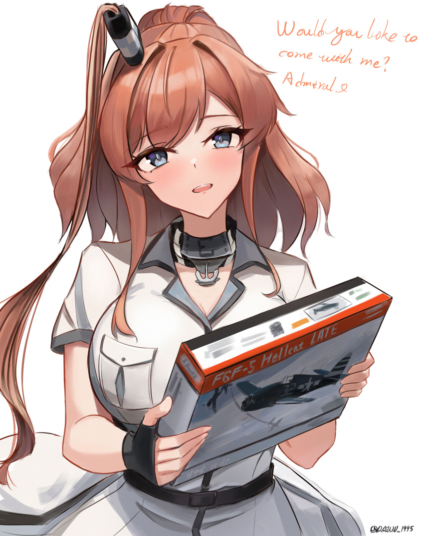 1girl, absurdres, blue_eyes, blush, box_art, breast_pocket, breasts, brown_hair, dawn_1945, dress, f6f_hellcat, hair_between_eyes, hair_ornament, high_side_ponytail, highres, kantai_collection, large_breasts, long_hair, looking_at_viewer, model_kit, open_mouth, pocket, ponytail, saratoga_(kancolle), saratoga_mk_ii_(kancolle), side_ponytail, smile, smokestack, solo, twitter_username, white_background, white_dress