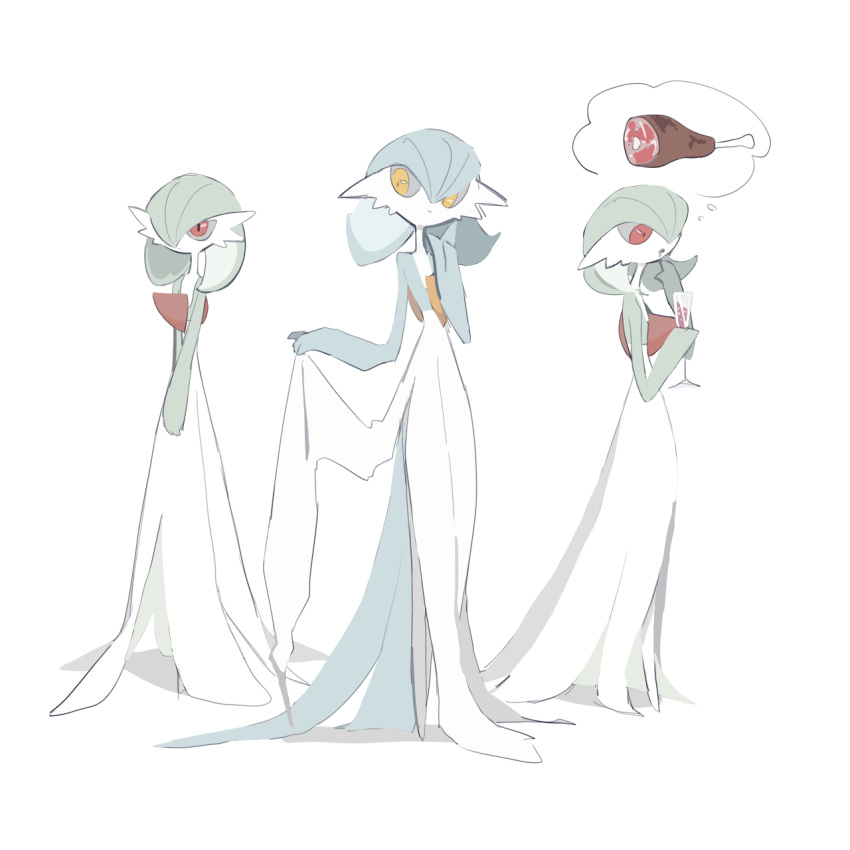alternate_color, blue_hair, clothes_lift, colored_skin, cup, dress, dress_lift, drinking_glass, food, gardevoir, green_hair, hair_over_one_eye, highres, holding, holding_cup, meat, multicolored_skin, multiple_views, orange_eyes, pink_eyes, pokemon, shiny_pokemon, simple_background, suramo_(lbsto3m), thought_bubble, two-tone_skin, white_background, white_dress, white_skin, wine_glass