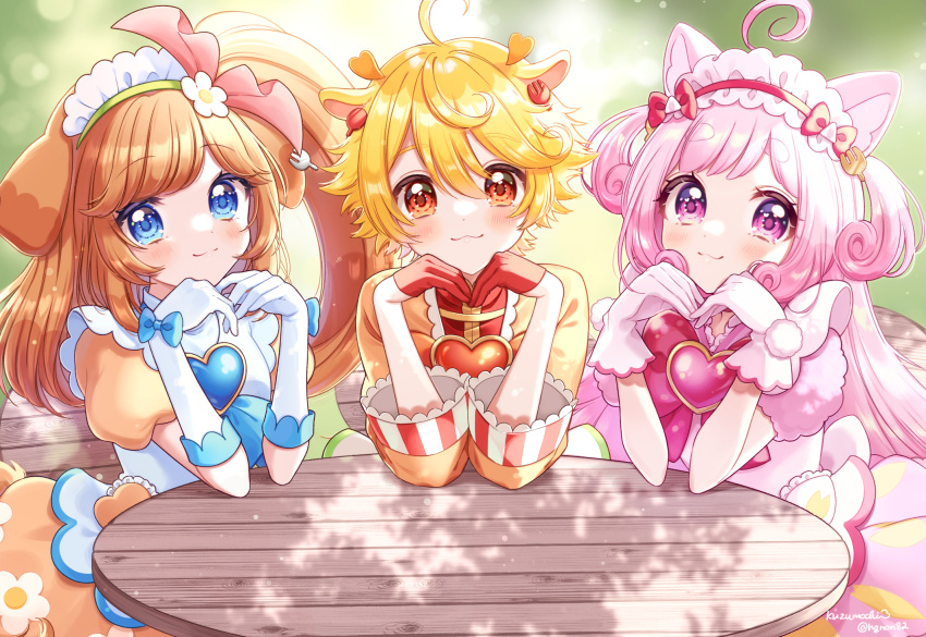 1boy, 2girls, :3, ahoge, animal_ears, blonde_hair, blue_bow, blue_eyes