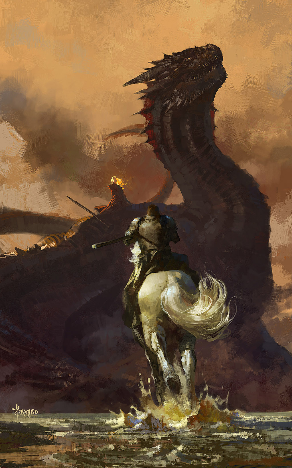 1boy, 1girl, a_song_of_ice_and_fire, armor, artist_name, bayard_wu, breastplate, charging_forward