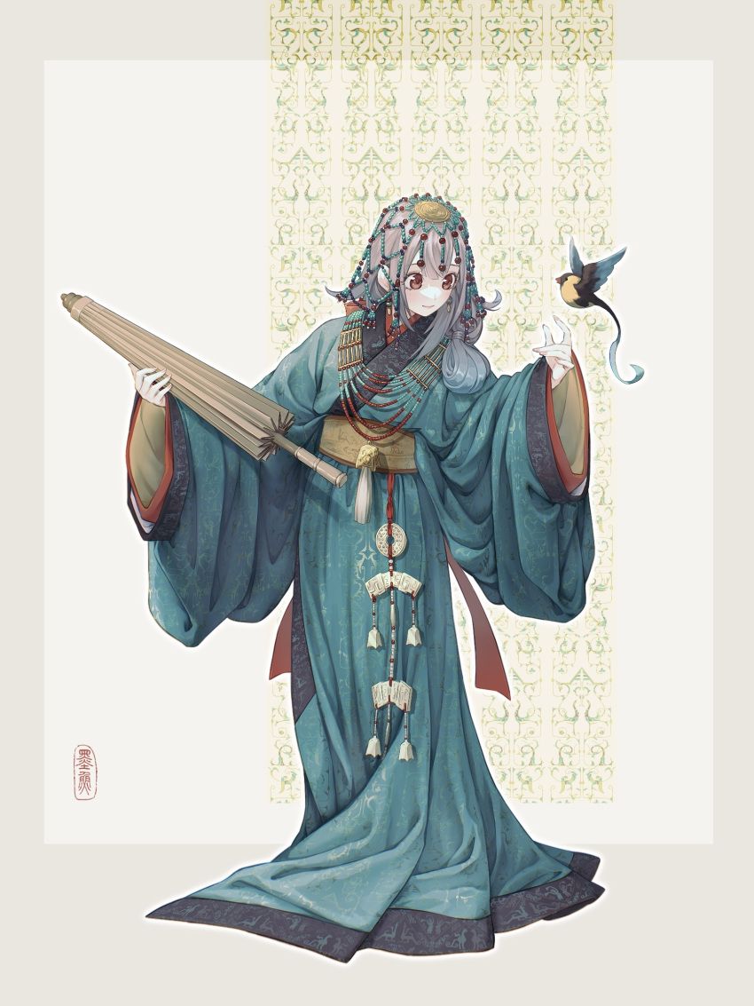 1girl, bird, border, brown_eyes, brown_sash, brown_umbrella, chinese_clothes, chinese_commentary