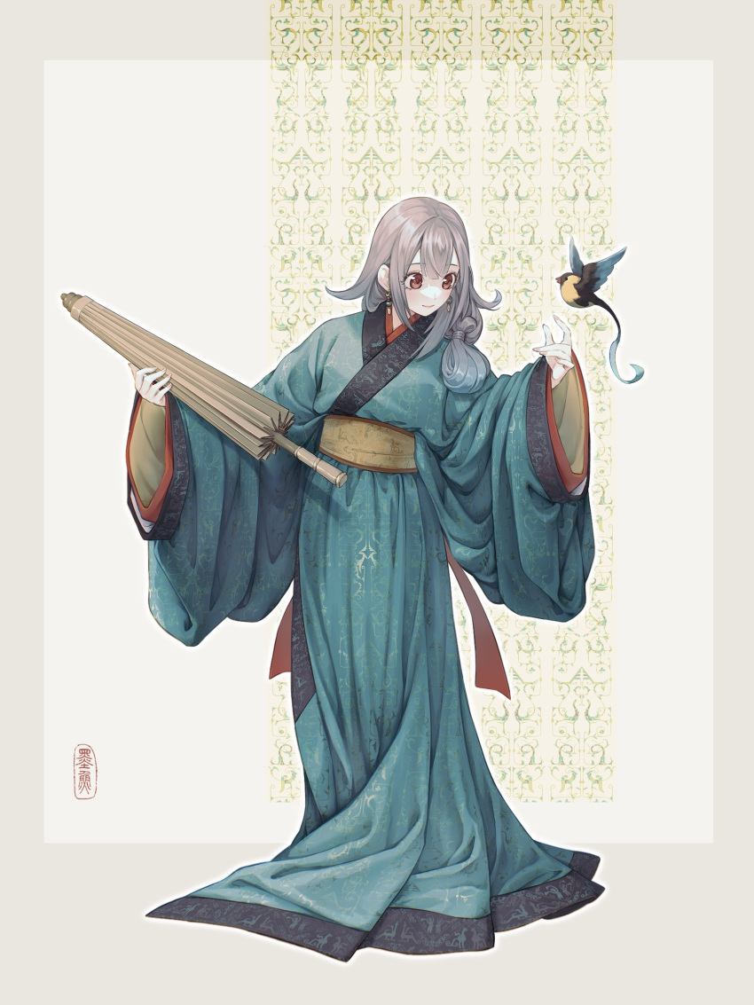1girl, bird, border, brown_eyes, brown_sash, brown_umbrella, chinese_clothes, chinese_commentary