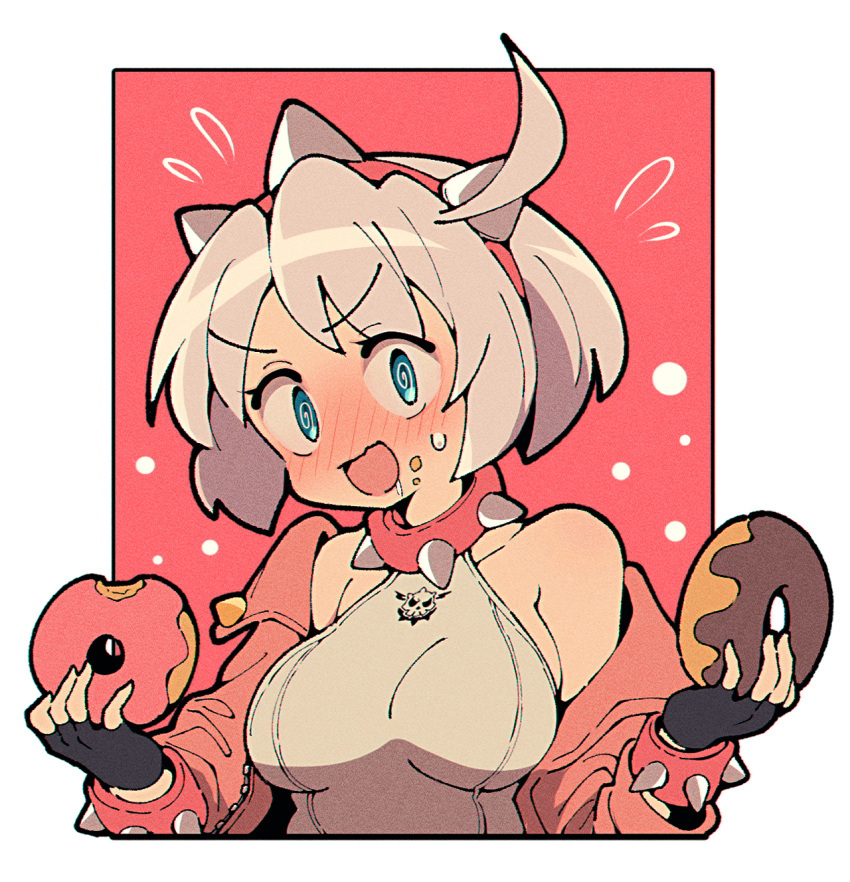 1girl, @_@, black_gloves, blue_eyes, blush, bracelet, breasts, chocolate_doughnut, collar, crumbs, doughnut, elphelt_valentine, fingerless_gloves, flying_sweatdrops, food, gloves, grey_hair, guilty_gear, guilty_gear_strive, highres, holding_doughnut, itsuka_neru, jacket, jewelry, large_breasts, open_clothes, open_jacket, open_mouth, pink_doughnut, pink_jacket, short_hair, solo, spiked_bracelet, spiked_collar, spiked_jacket, spikes, sweat, upper_body