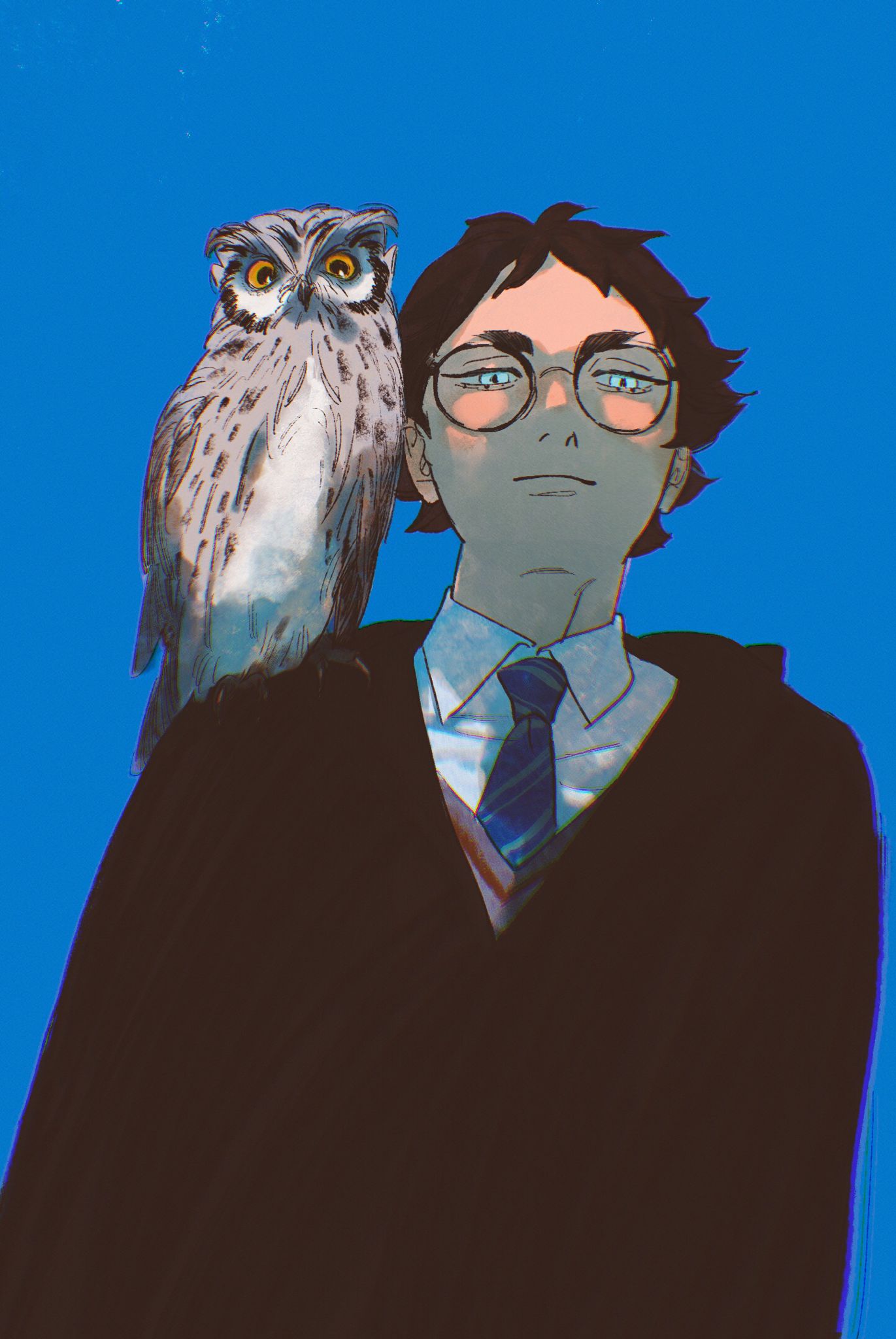 1boy, akaashi_keiji, animal_on_shoulder, animalization, bird, black_cloak, blue_background, blue_eyes, blue_necktie, bokuto_koutarou, brown_hair, chengongzi123, cloak, closed_mouth, collared_shirt, commentary_request, cosplay, glasses, haikyuu!!, harry_potter, harry_potter_(cosplay), harry_potter_(series), highres, light_smile, looking_at_viewer, male_focus, necktie, owl, round_eyewear, shirt, short_hair, simple_background, standing, upper_body, very_short_hair, white_shirt, wizarding_world