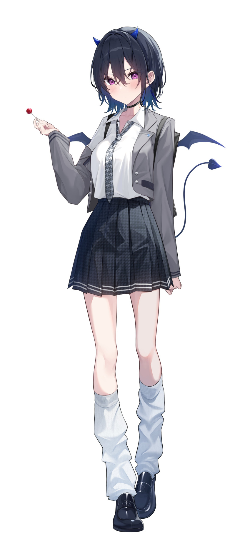 1girl, absurdres, black_choker, black_footwear, black_hair, black_skirt, blazer, blue_hair, candy, choker, demon_horns, demon_tail, demon_wings, food, grey_jacket, grey_necktie, grin, hair_between_eyes, highres, holding, holding_food, horns, ichinose_uruha, ichinose_uruha_(6th_costume), jacket, lollipop, long_hair, looking_at_viewer, loose_socks, lupinus_virtual_games, multicolored_hair, necktie, official_alternate_costume, official_alternate_hairstyle, shadow, shirt, sidelocks, simple_background, single_off_shoulder, skirt, smile, socks, solo, streaked_hair, swept_bangs, tail, tie_clip, violet_eyes, virtual_youtuber, vspo!, white_background, white_shirt, wings, yuteke_key