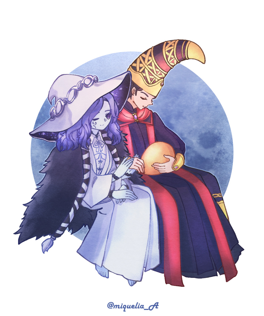 2girls, amber_(gemstone), barefoot, blue_background, blue_hair, blue_robe, blue_skin, border, closed_eyes, closed_mouth, colored_skin, commentary, commentary_request, cracked_skin, elden_ring, extra_arms, full_body, gem, hat, highres, long_hair, miqueliafantasia, multiple_girls, one_eye_closed, ranni_the_witch, rennala_queen_of_the_full_moon, robe, round_border, sitting, smile, toes, white_border, witch_hat, wizard_hat