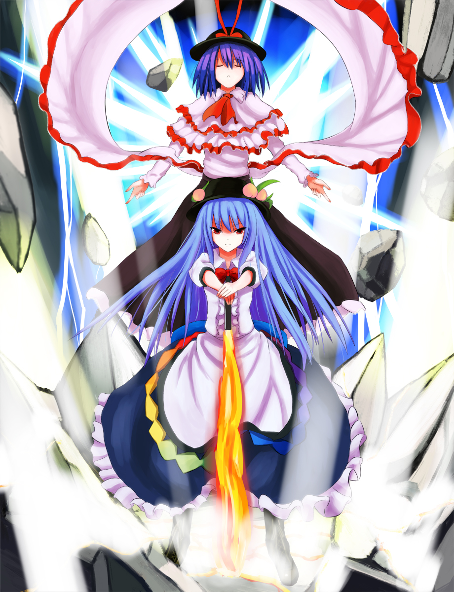 blue_hair, blush, boots, bow, closed_eyes, food, frills, fruit, hat, highres, hinanawi_tenshi, long_hair, long_skirt, multiple_girls, nagae_iku, napalm_zero, peach, purple_hair, ribbon, shawl, short_hair, skirt, sword, sword_of_hisou, touhou, weapon