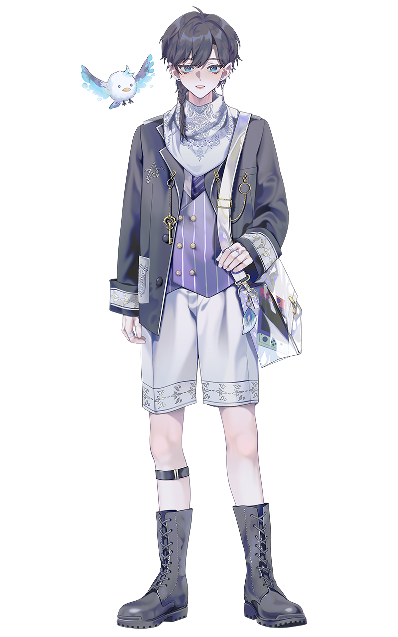 1boy, anonymous_(nijisanji), bag, black_hair, black_jacket, blue_eyes, boots, braid, charm_(object), chinese_commentary, ear_piercing, earrings, feathers, full_body, grey_footwear, handheld_game_console, highres, jacket, jewelry, key, looking_at_viewer, male_focus, multiple_rings, nijisanji, nintendo_switch, official_art, paisley, piercing, purple_shirt, ring, see-through, shirt, shorts, single_braid, single_earring, solo, standing, star_(symbol), striped_clothes, tachi-e, teeth, vertical-striped_clothes, virtual_youtuber, virtuareal, white_shorts, yog_(virtuareal)