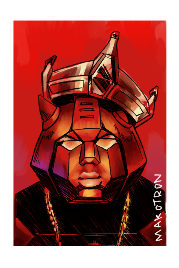artist_name, border, bumblebee_(transformers), chain, crown, fusion, gold_chain, looking_at_viewer, makoto_ono, mecha, monochrome, notorious_b.i.g., parody, portrait, pun, real_life, red_background, robot, solo, transformers, transformers:_generation_1, white_border
