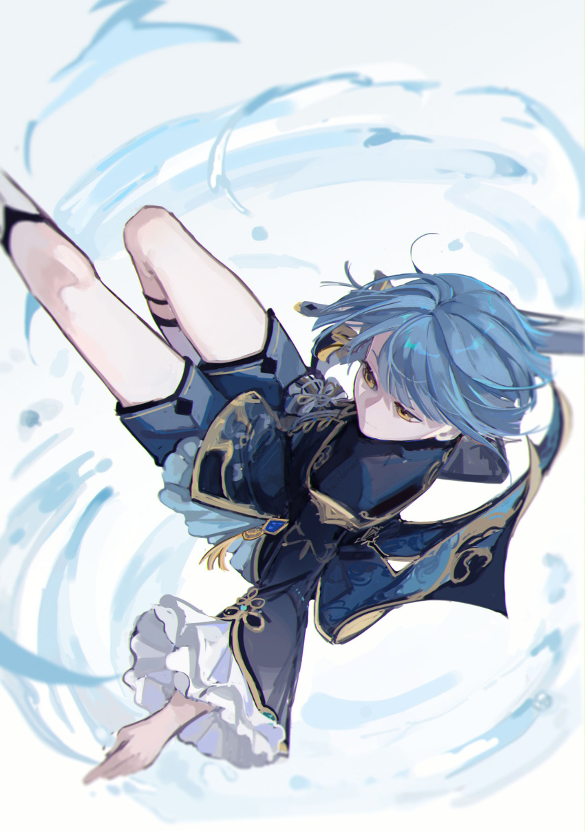 1boy, absurdres, bare_legs, blue_hair, blue_jacket, blue_shorts, brown_eyes, closed_mouth