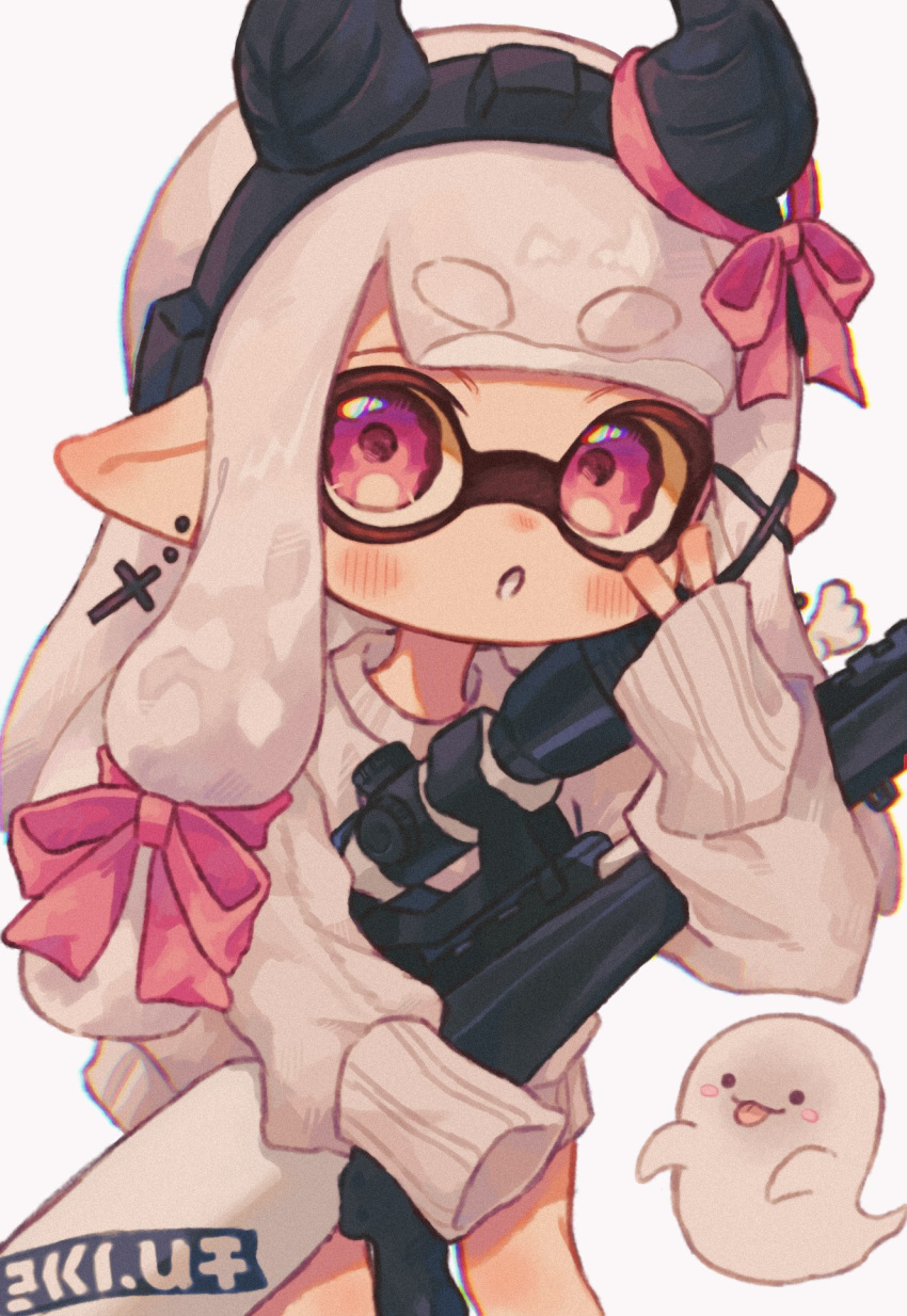 1girl, :o, black_hairband, bow, commentary_request, cross, cross_earrings, e-liter_4k_(splatoon)