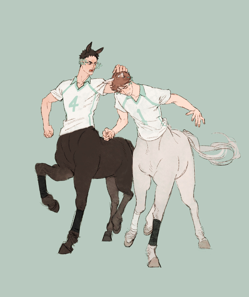 2boys, animal_ears, black_eyes, brown_hair, centaur, chengongzi123, collared_shirt, commentary