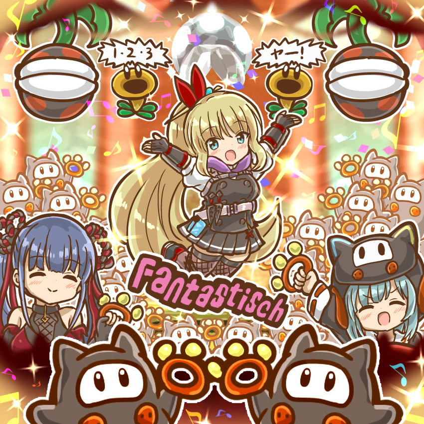 3girls, absurdres, blonde_hair, blue_hair, bungo_yayoi, closed_eyes, crab_claw, crossover