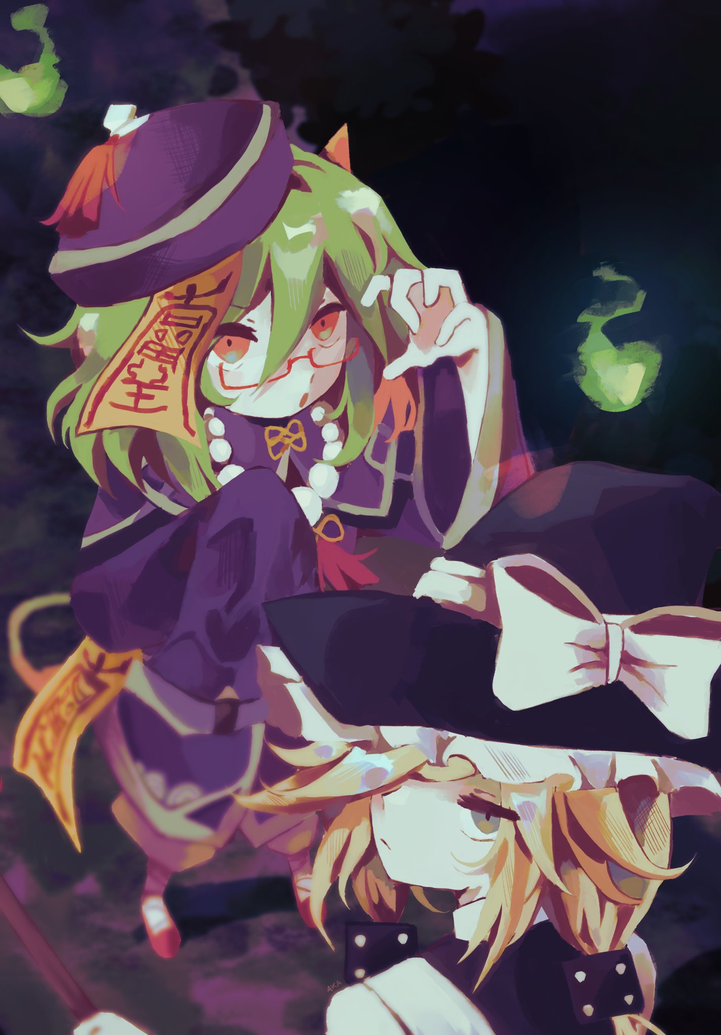 2girls, :o, bead_necklace, beads, black_dress, black_headwear, blonde_hair, bow